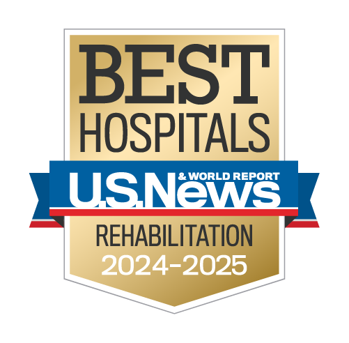 A gold badge that reads "BEST HOSPITALS U.S. News & World Report REHABILITATION 2024-2025