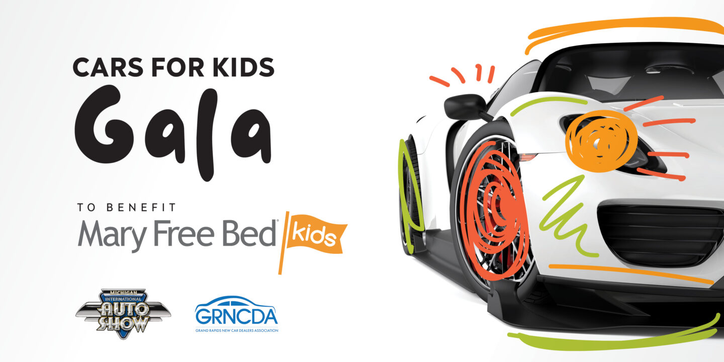 graphic for Cars for Kids Gala event featuring text and a car with drawings on it